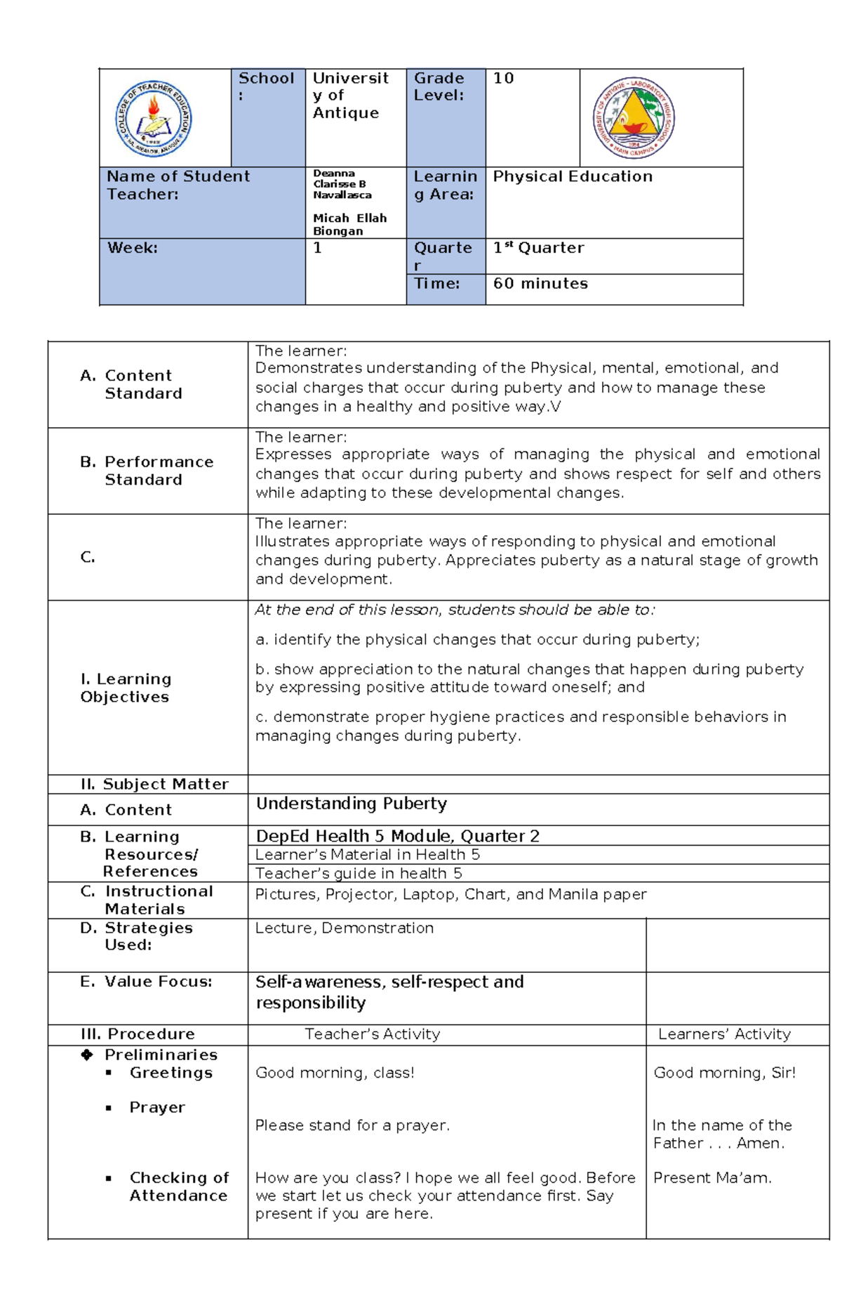 DLP Group 22 - Lesson Plan on Managing Puberty Changes - Studocu