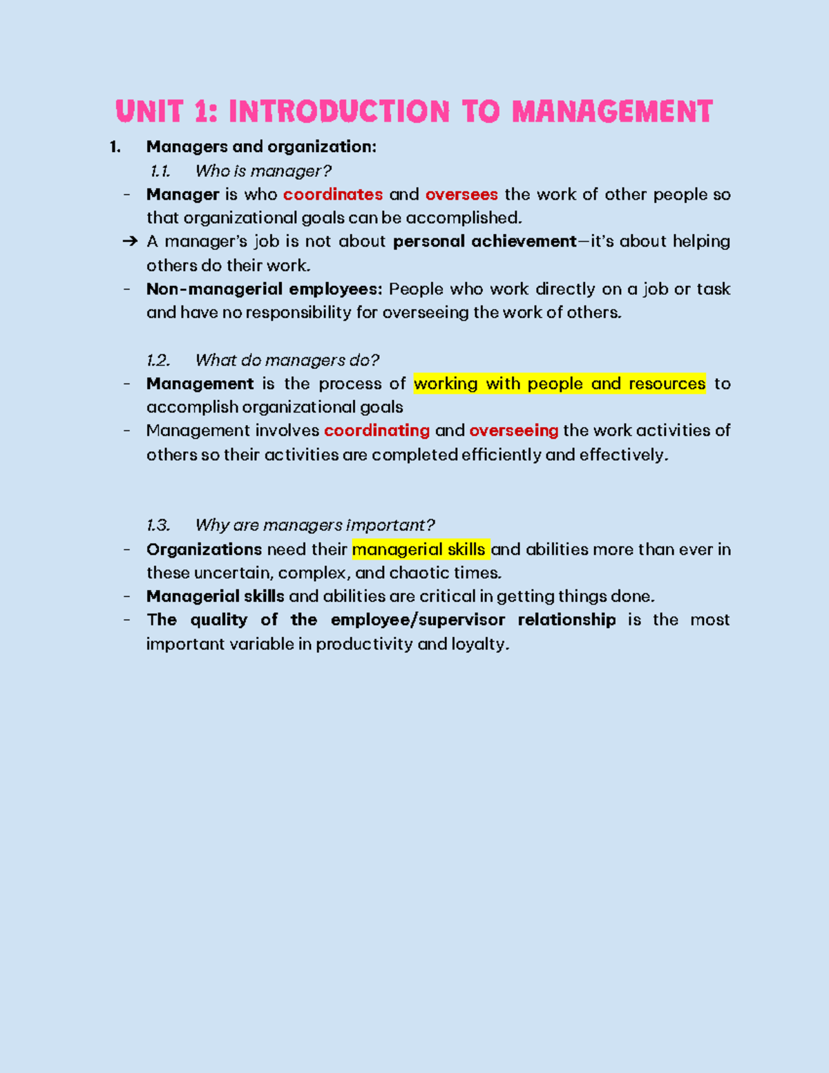 [QTH] NOTE - Note - UNIT 1: INTRODUCTION TO MANAGEMENT Managers and ...