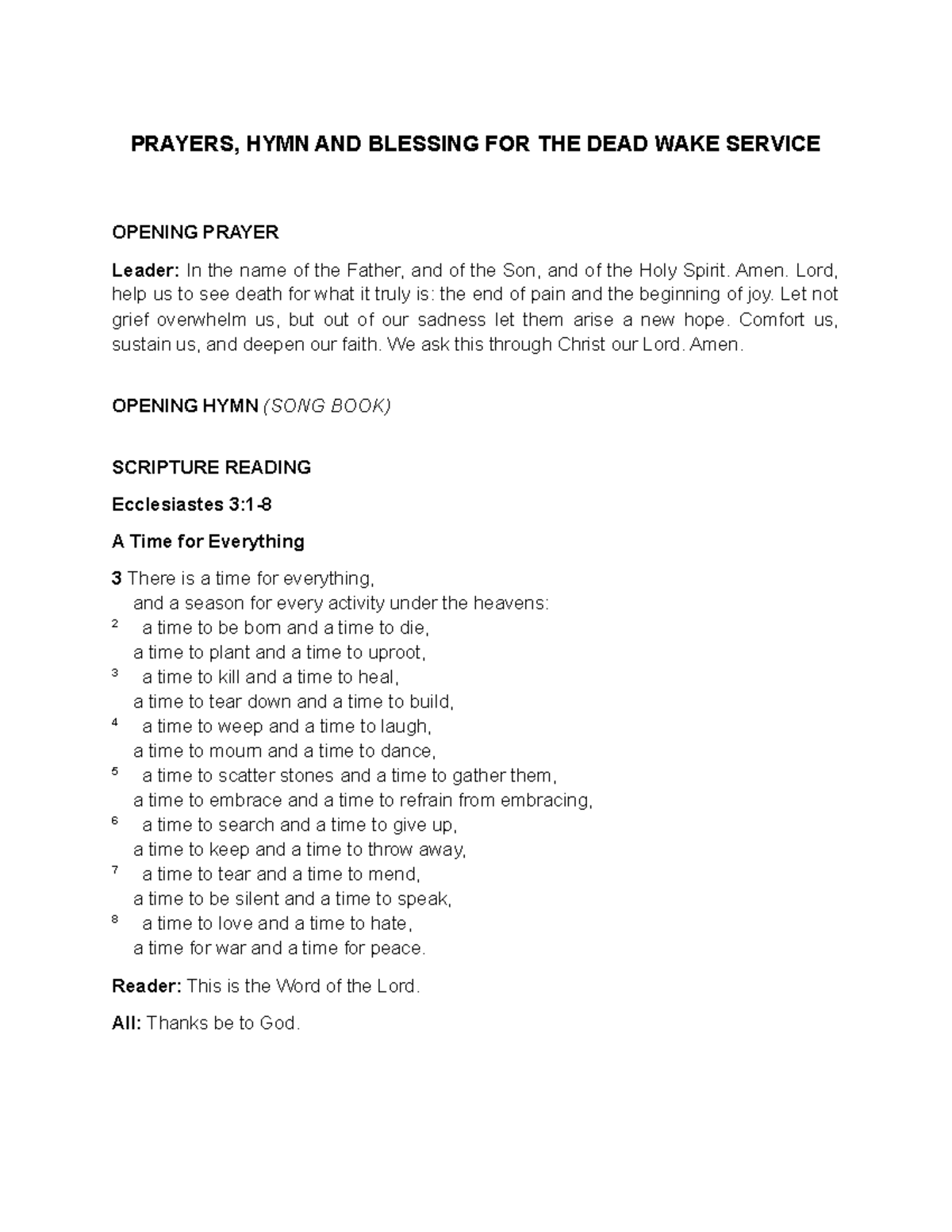Wake Service Prayers, Hymns & Blessings for the Departed - Studocu