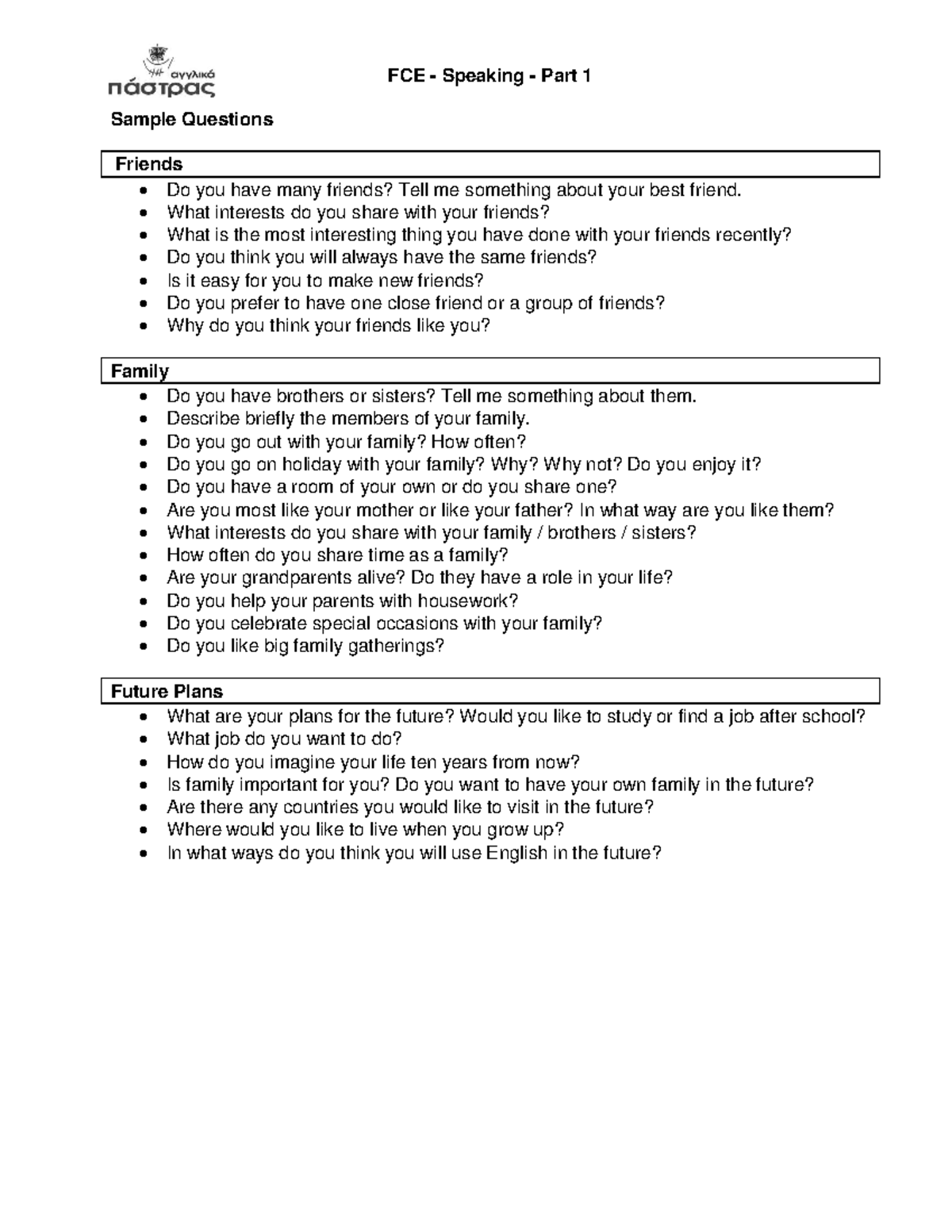 FCE Speaking Part 1: Sample Questions & Useful Expressions - Studocu