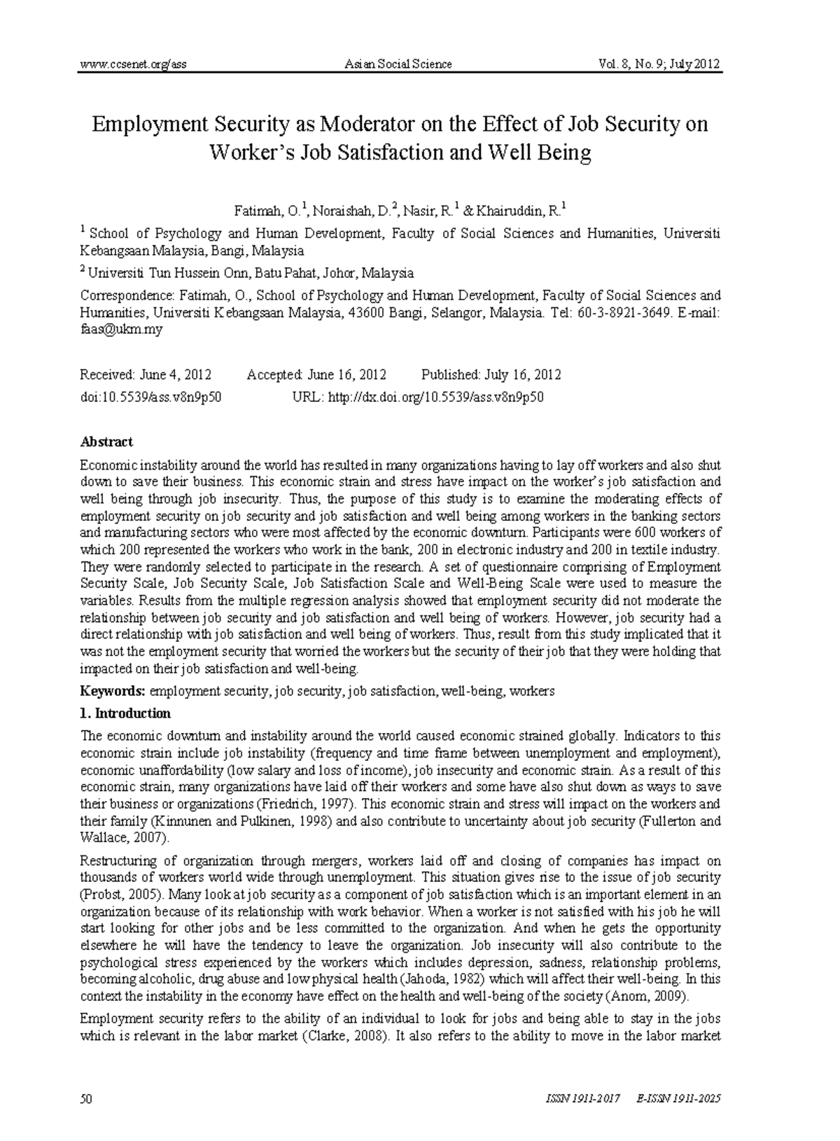 Final Exam: Employment Security's Role in Job Satisfaction & Well-Being ...