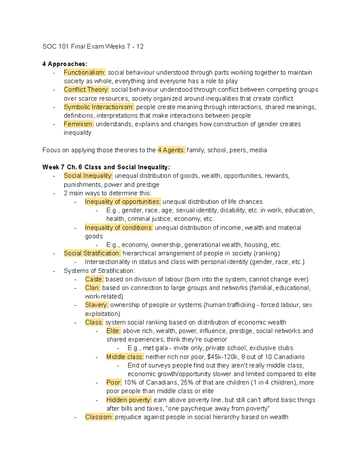 SOC 101 Final Exam Study Guide: Key Theories & Concepts (Weeks 7-12 ...