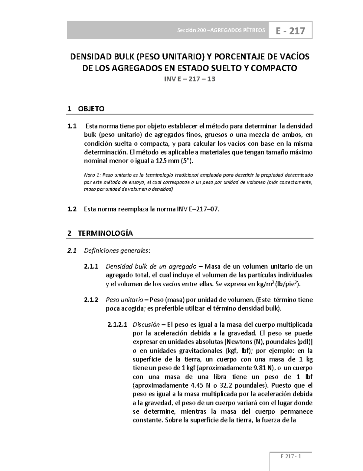 INV E-217-13 Densidad Bulk y Porcentaje de Vacíos en Agregados - Studocu