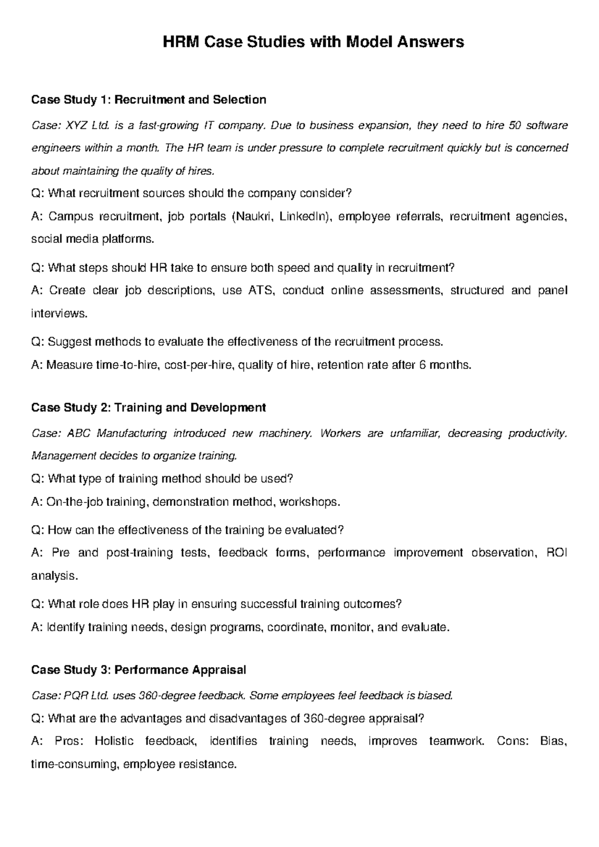 HRM Case Studies with Model Answers - MBA 2nd Sem - Studocu