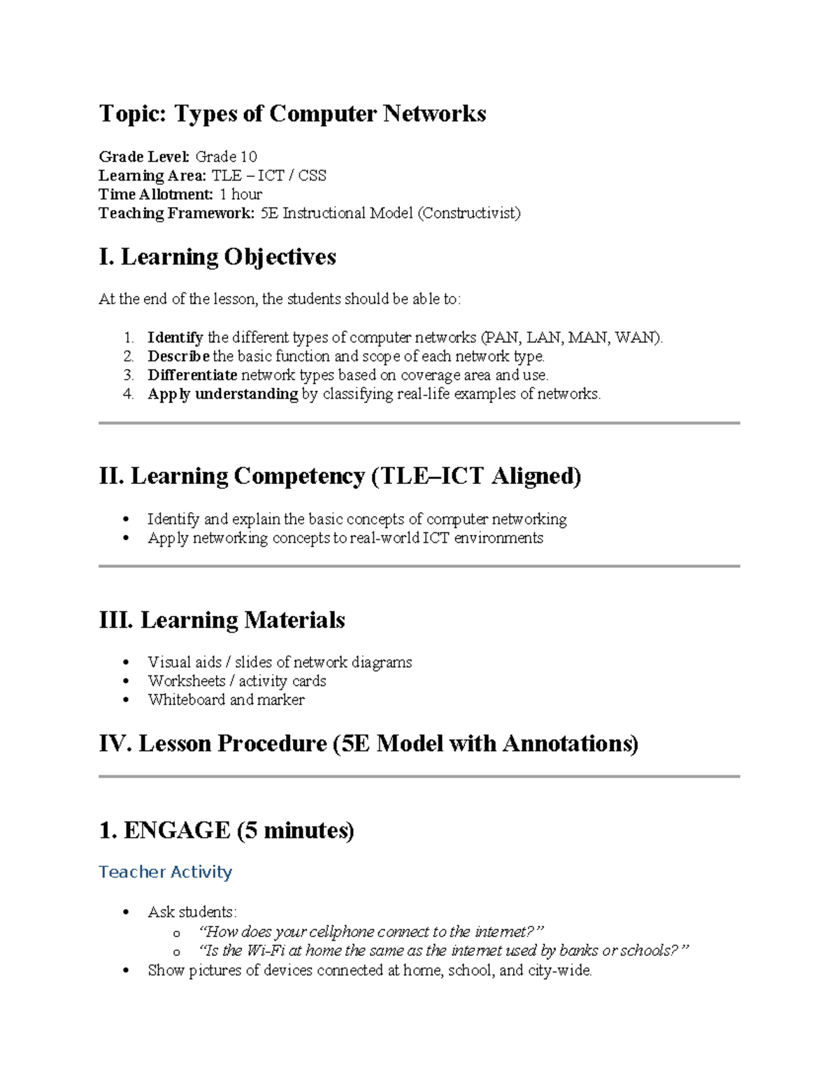 DEMO: Types of Computer Networks - Grade 10 Lesson Plan - Studocu