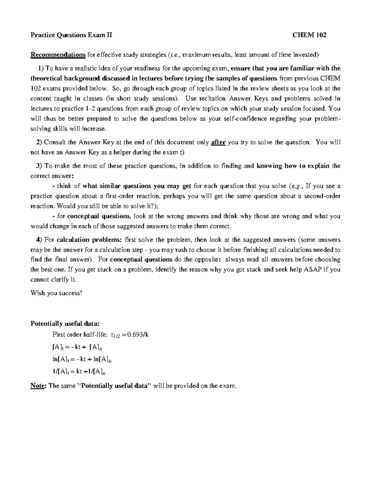 Practice Questions for Exam II CHEM 102 W26: Study Strategies & Tips ...