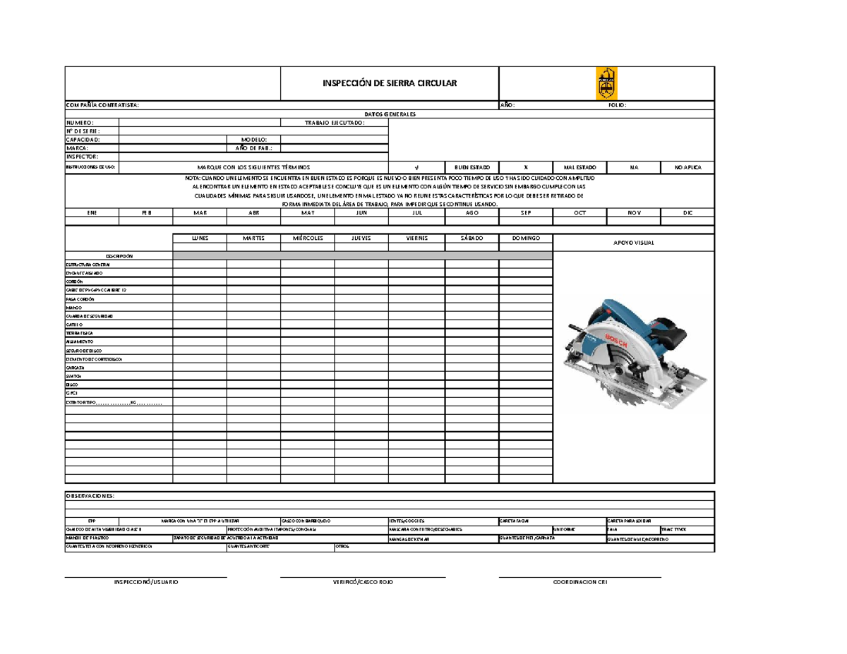 CHECK LIST DE INSPECCIÓN DE SIERRA CIRCULAR - AÑO 2023 - Studocu