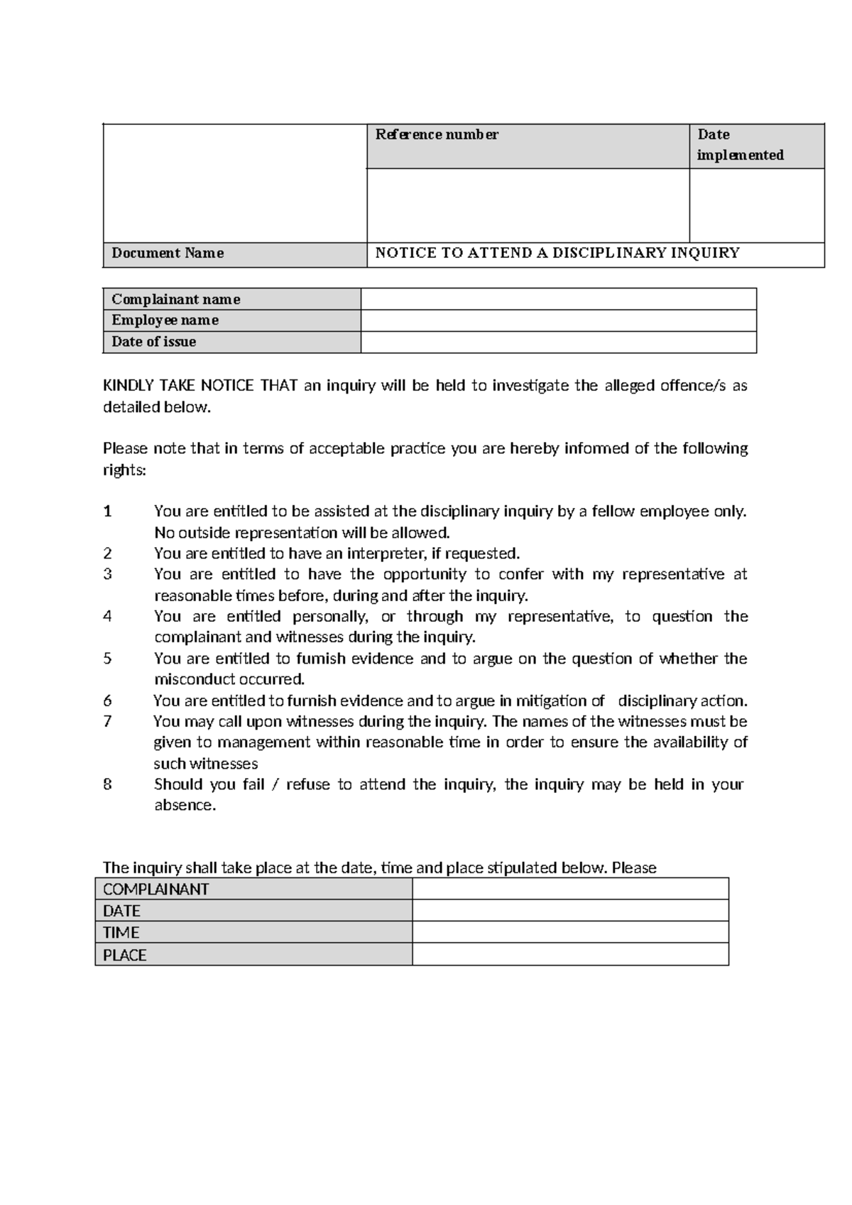 NOTICE TO ATTEND DISCIPLINARY INQUIRY - IMPORTANT RIGHTS & DETAILS ...