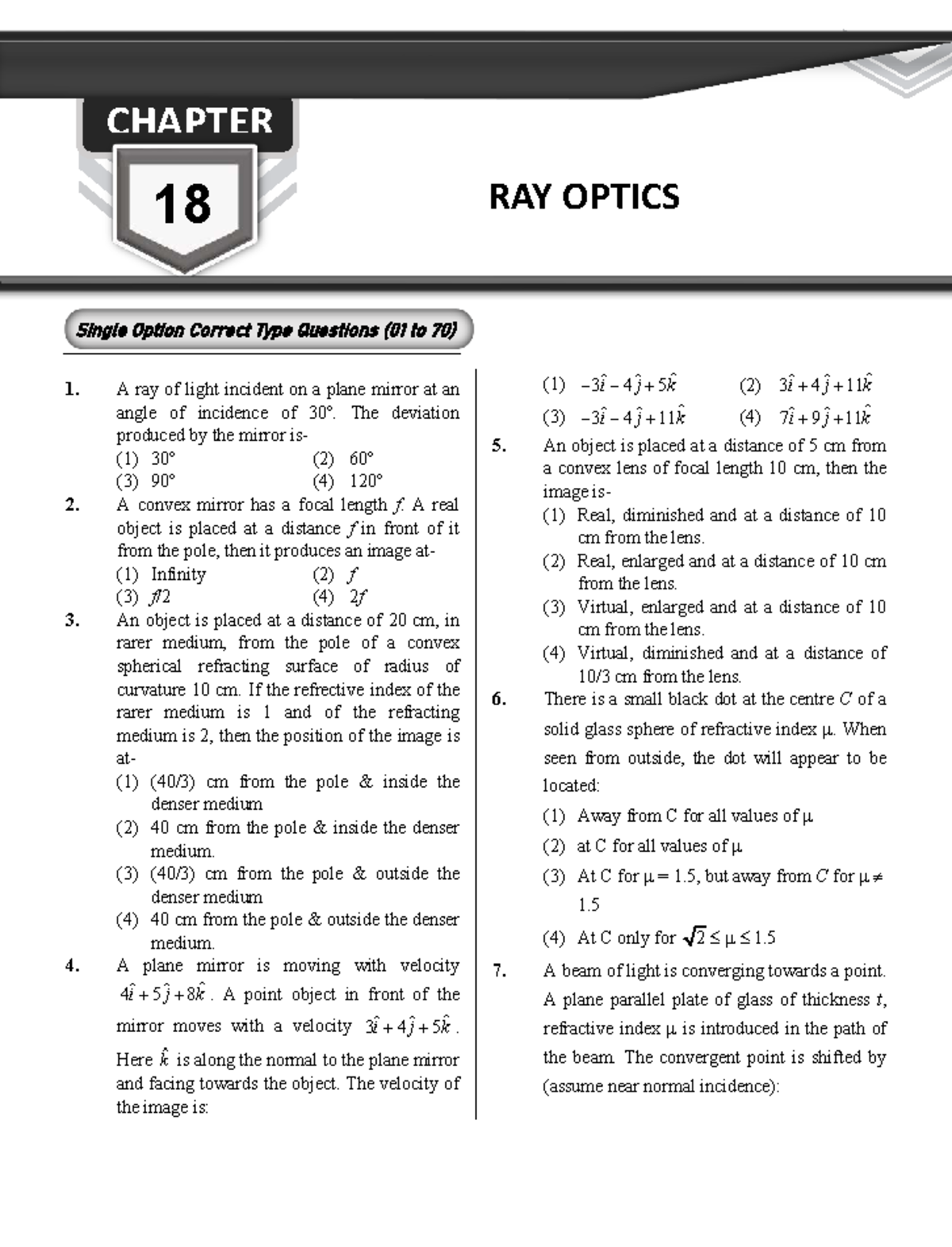 CH 18 RAY OPTICS Single Option Correct Questions for JEE AIR D1 2026 ...