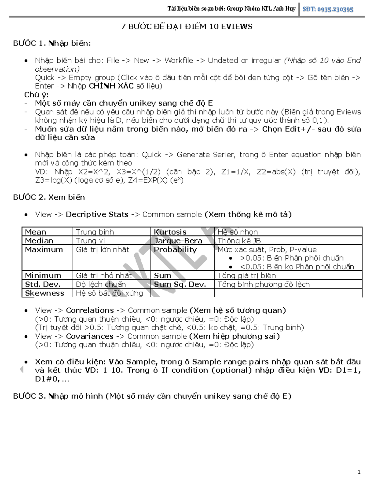 Hướng dẫn Eviews FULL - 7 Bước Đạt Điểm 10 Quản Lý Học - Studocu