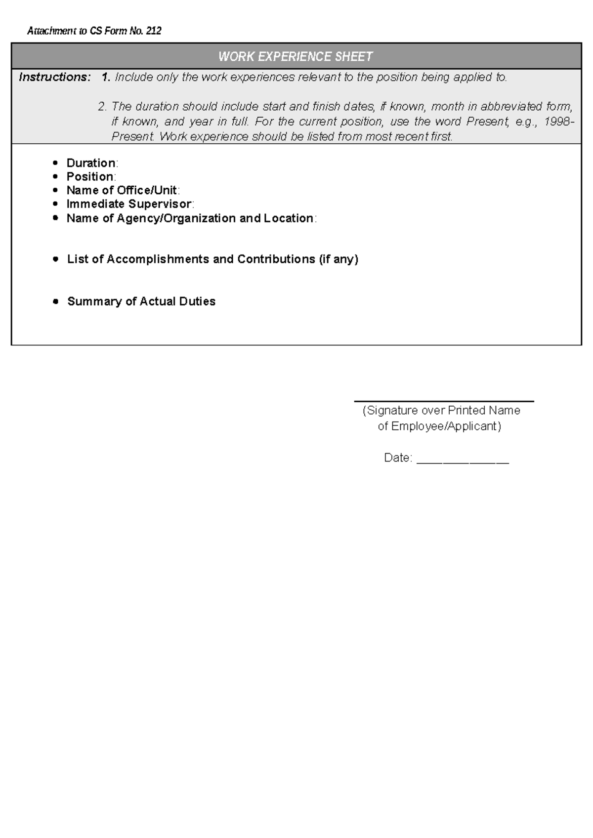 Work Experience Sheet CS Form No - (Signature over Printed Name of ...