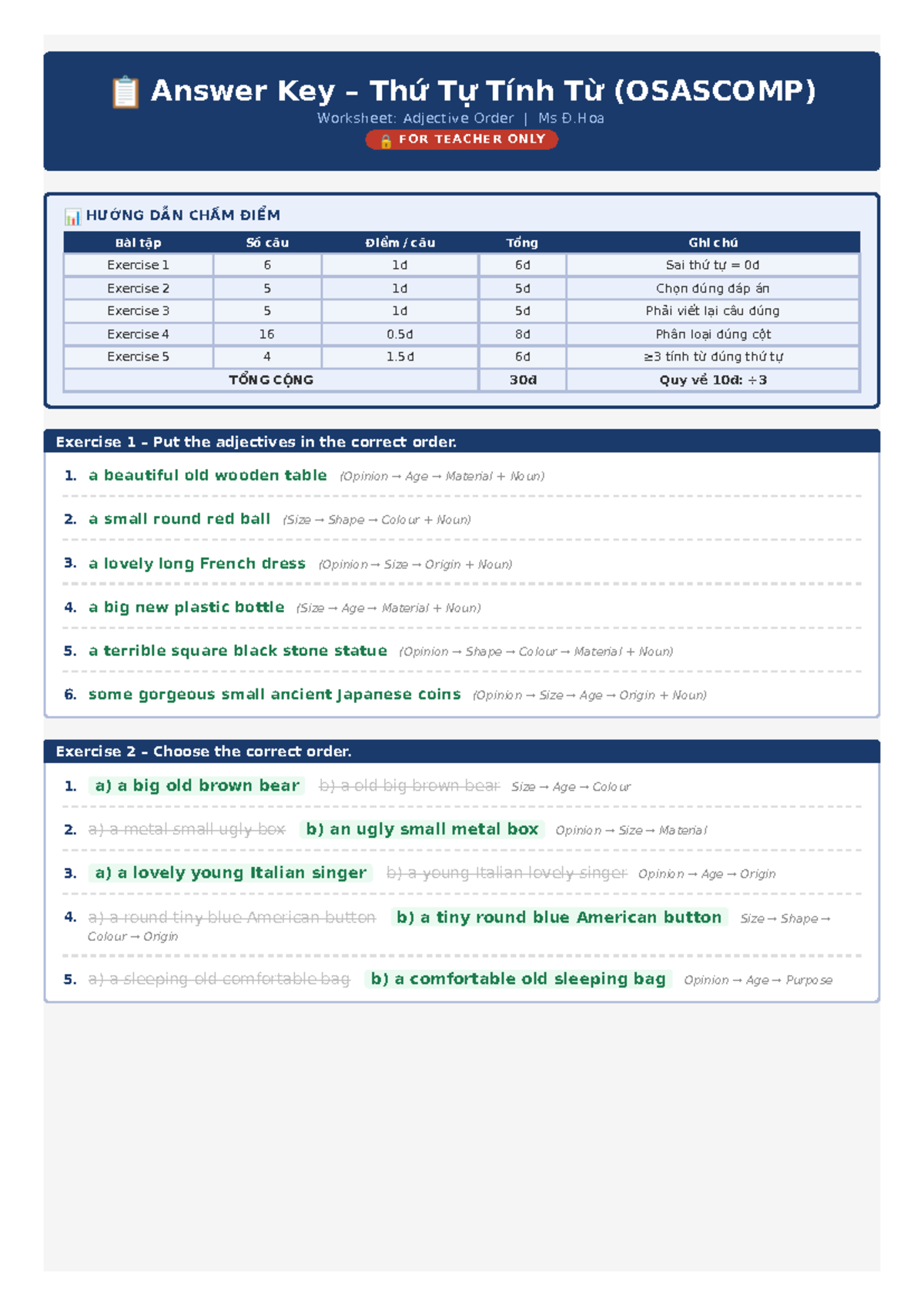 Answer Key: Thứ Tự Tính Từ (OSASCOMP) Worksheet for Teachers - Studocu