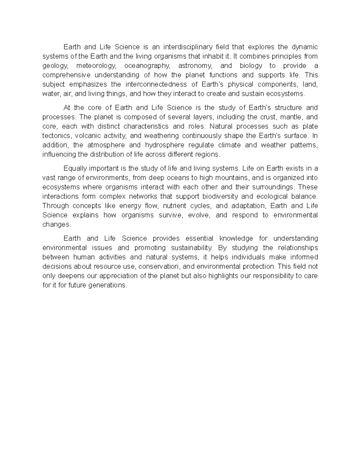 Earth and Life Science: Understanding Earth's Systems and Ecosystems ...