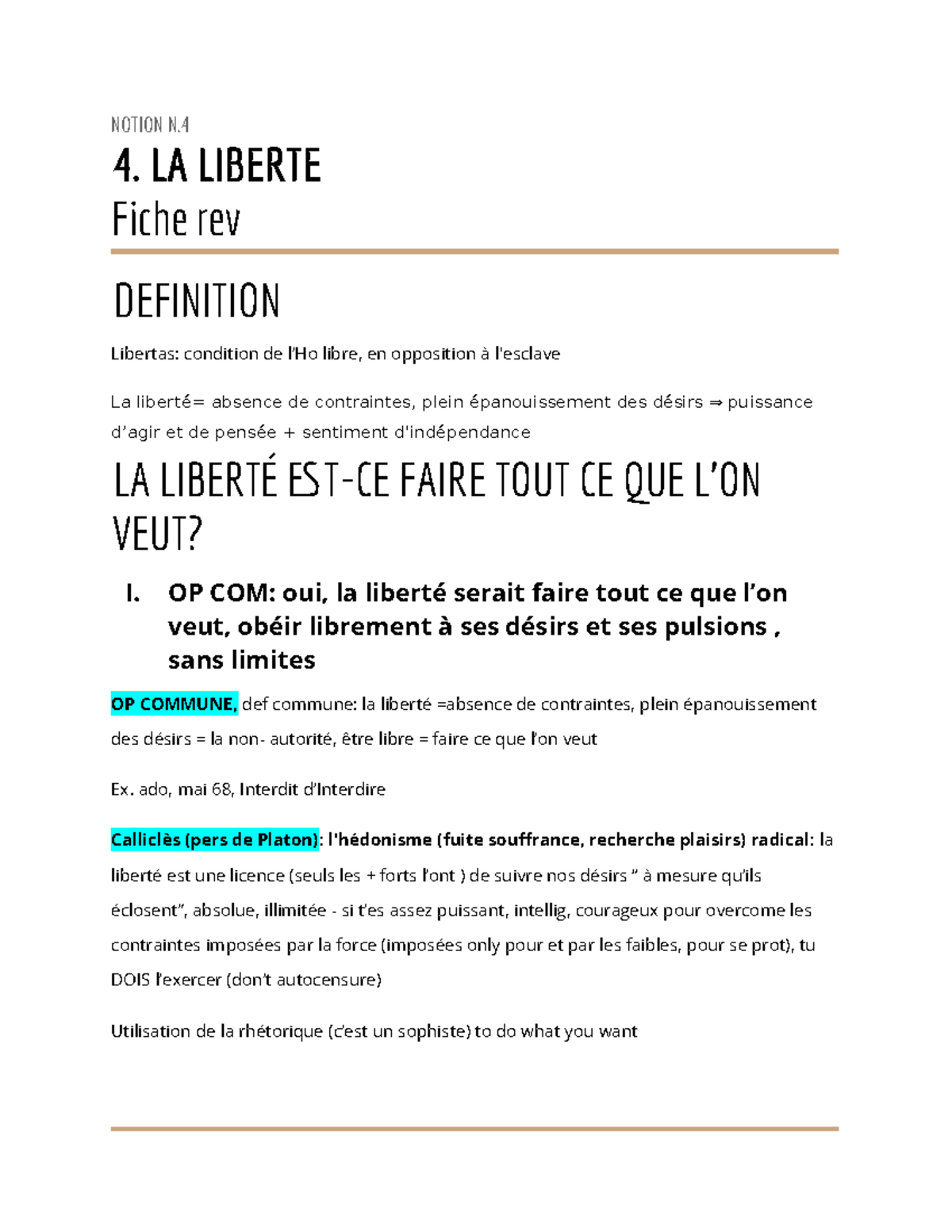 4. LA Liberté - NOTION N. 4. LA LIBERTE Fiche rev DEFINITION Libertas ...