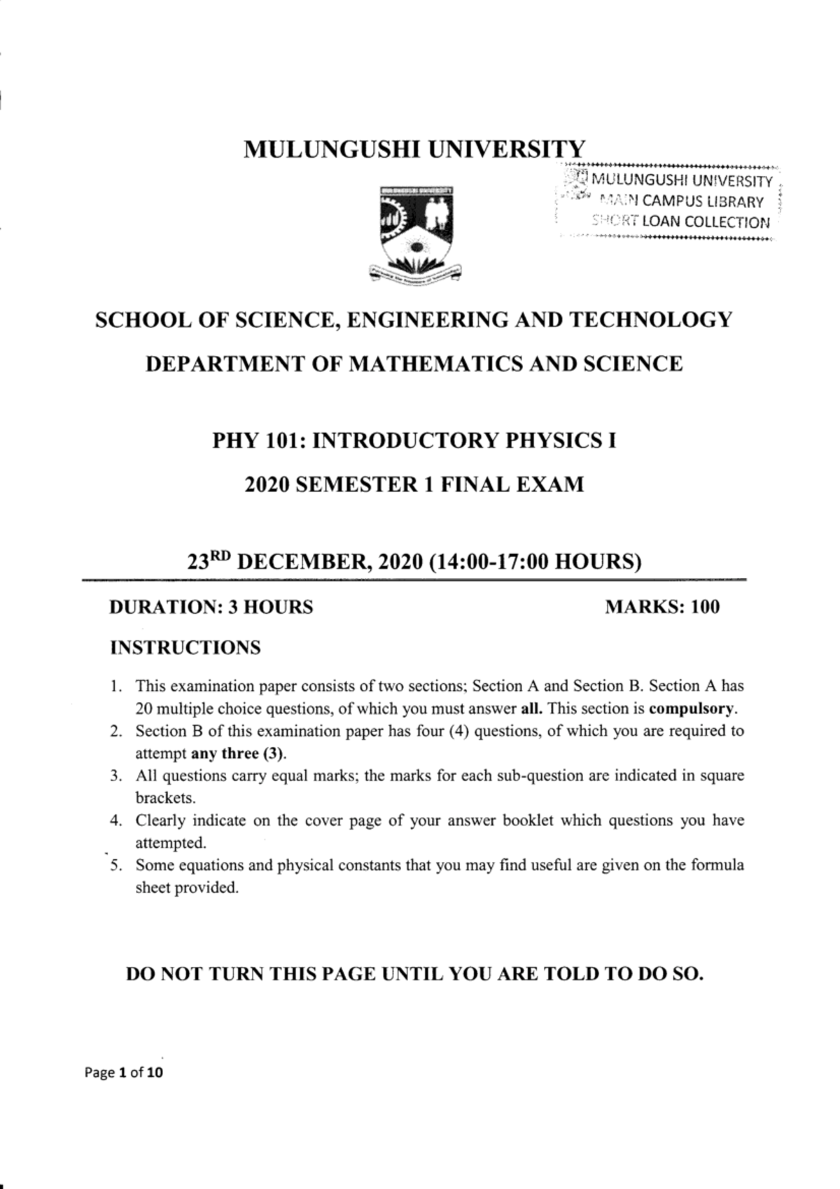 PHY 101: Introductory Physics I - Final Exam Guide (2020) - Studocu