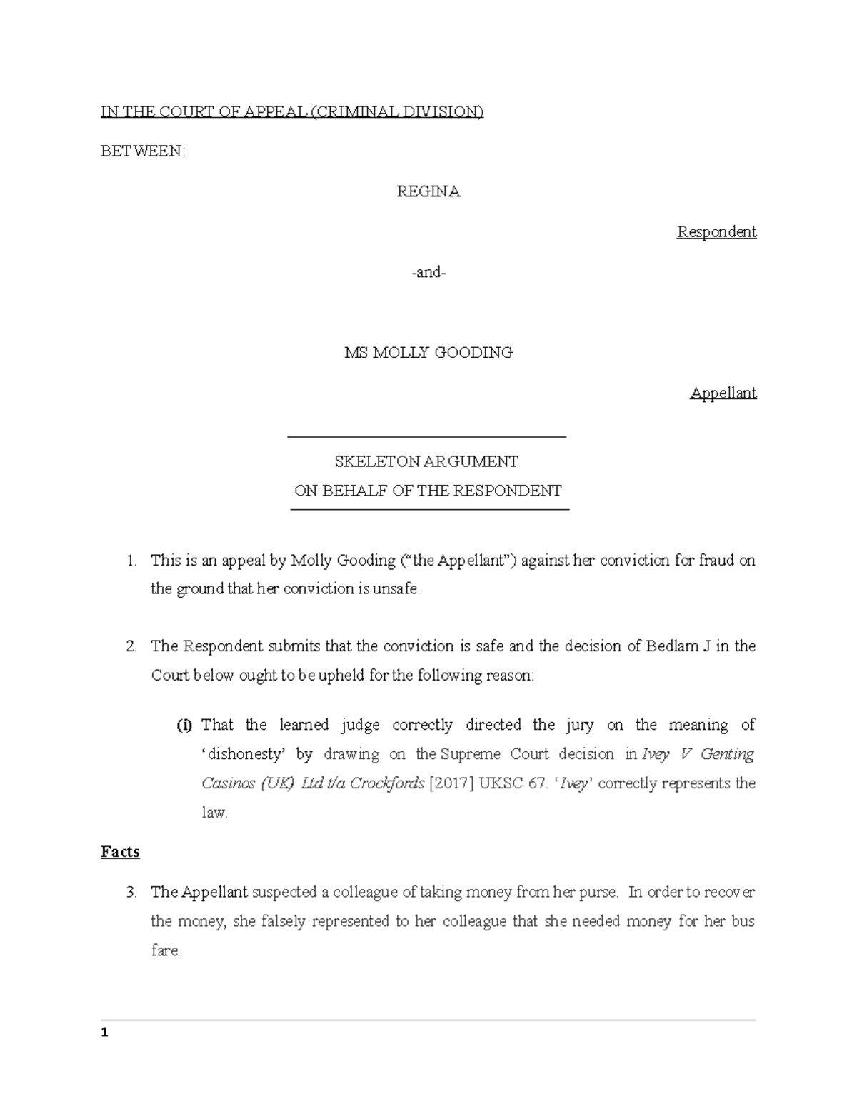 Court of Appeal Skeleton Argument for Regina v. Gooding 202021 - Studocu