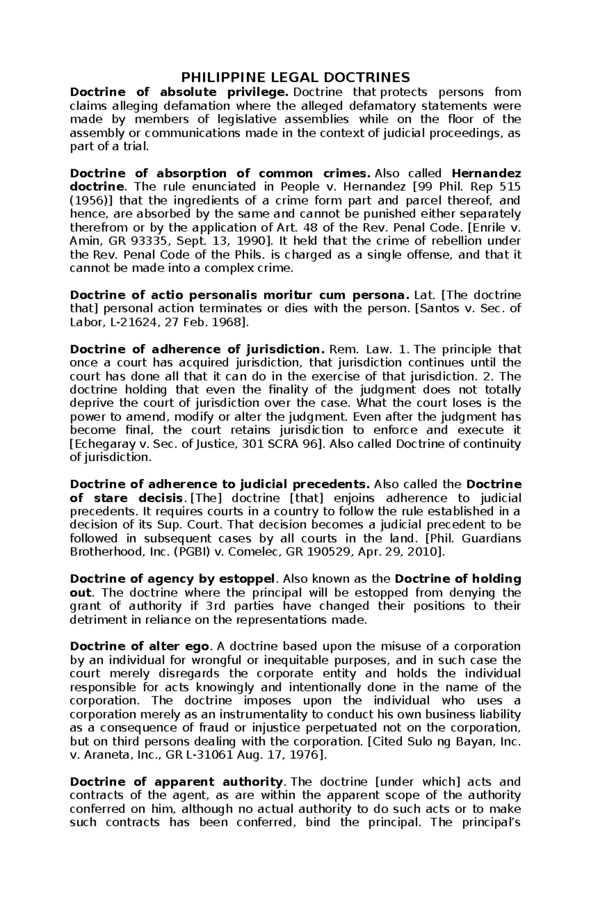 PHILIPPINE LEGAL DOCTRINES: Key Principles and Their Applications - Studocu