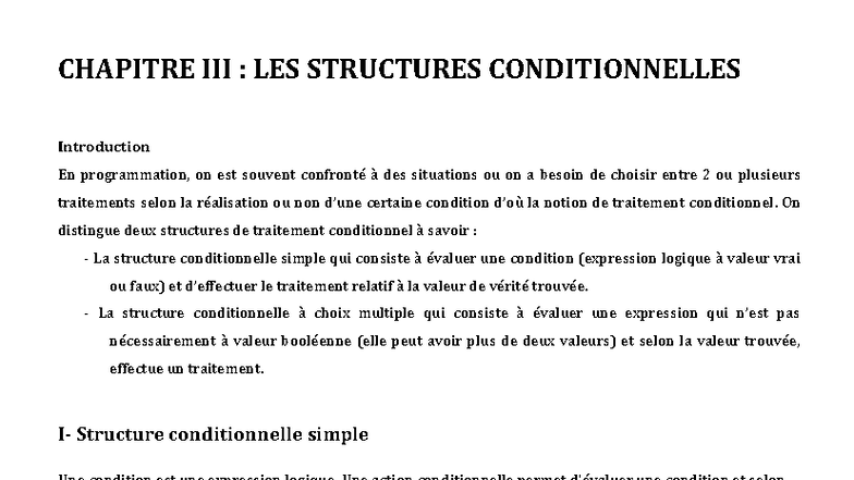Chapitre III : Les Structures Conditionnelles en Programmation - Studocu