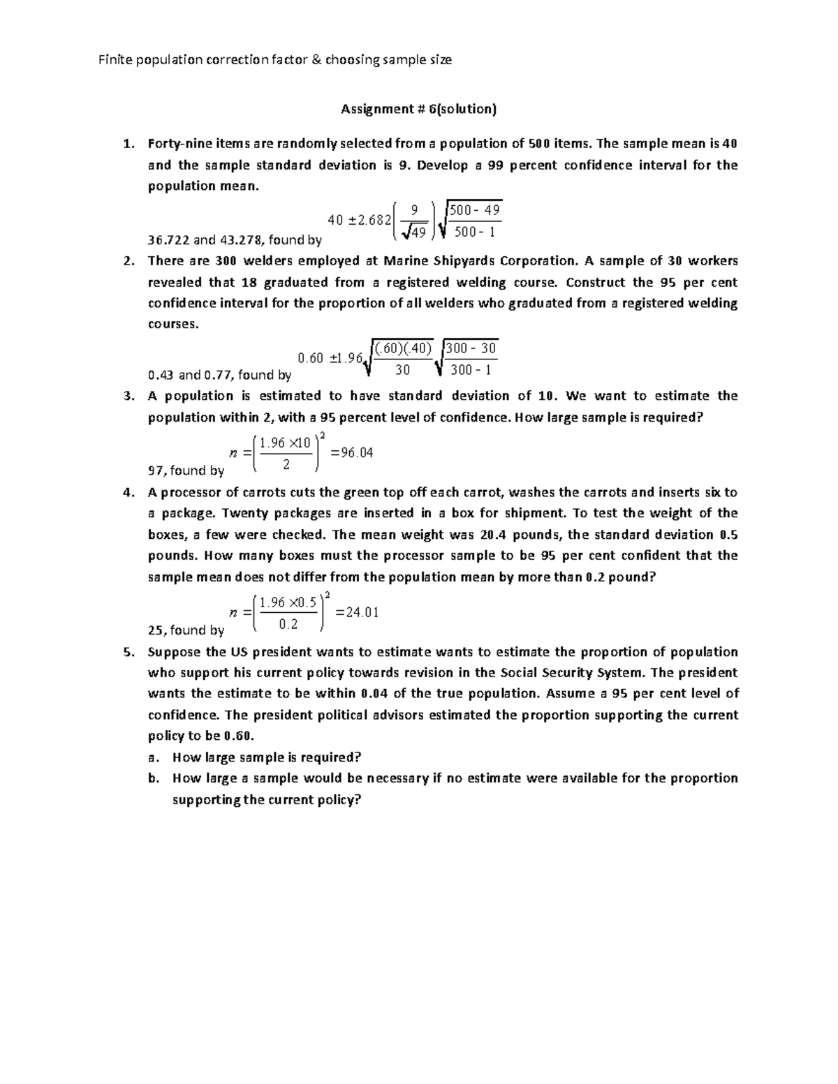 Assignment 9: Finite Population Correction & Sample Size Analysis - Studocu
