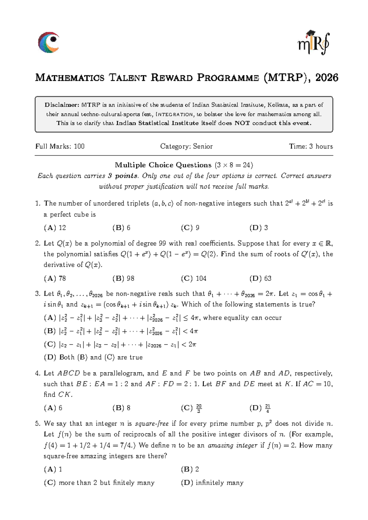 MTRP Senior Mathematics Exam 2026 - Multiple Choice & Integer Questions ...