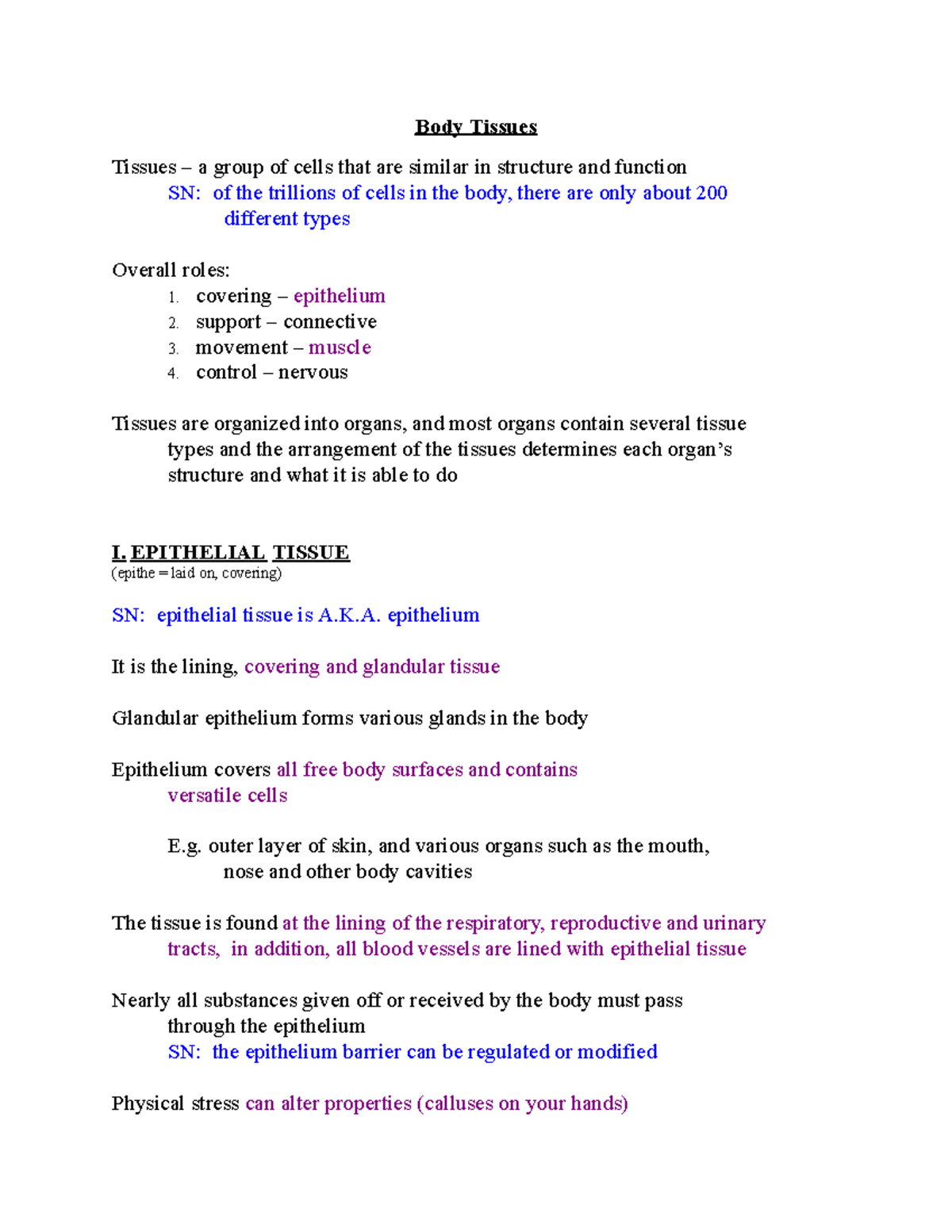 Body Tissues Overview: Types and Functions (BIO 101) - Studocu