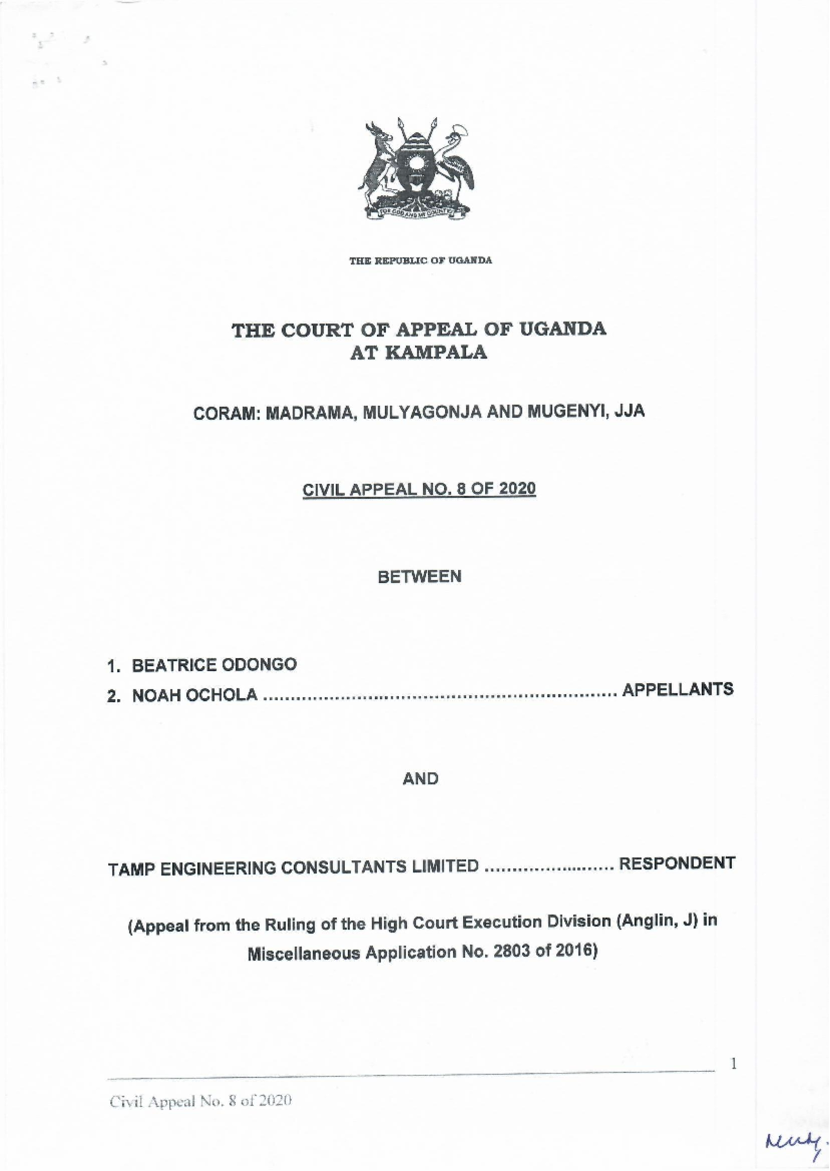 Civil Appeal No. 8 of 2020: Judgment Analysis in Adong v. Tam ...