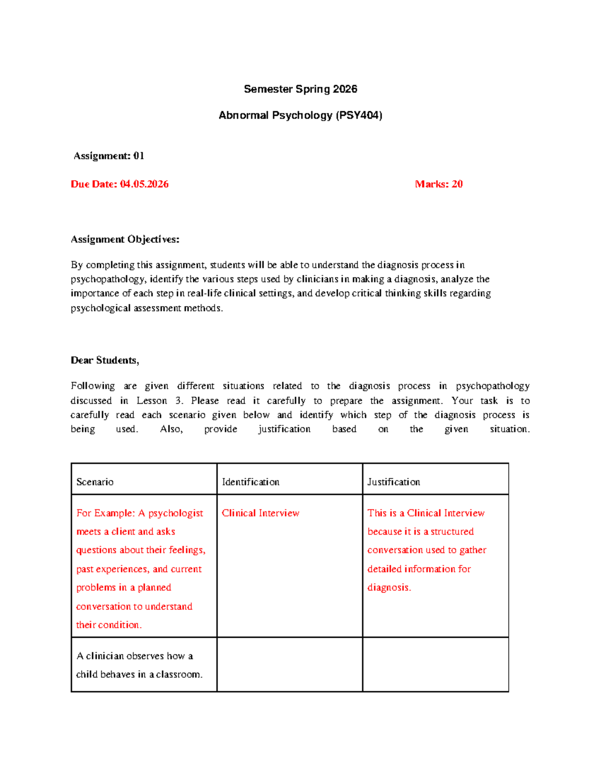 Spring 2026 PSY404 Assignment 01: Diagnosis Process in Psychopathology ...