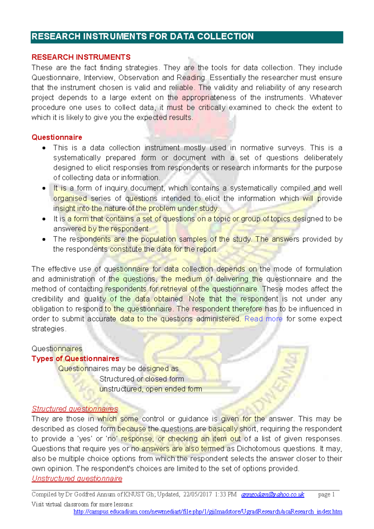 RESEARCH INSTRUMENTS FOR DATA COLLECTION: A Comprehensive Guide - Studocu