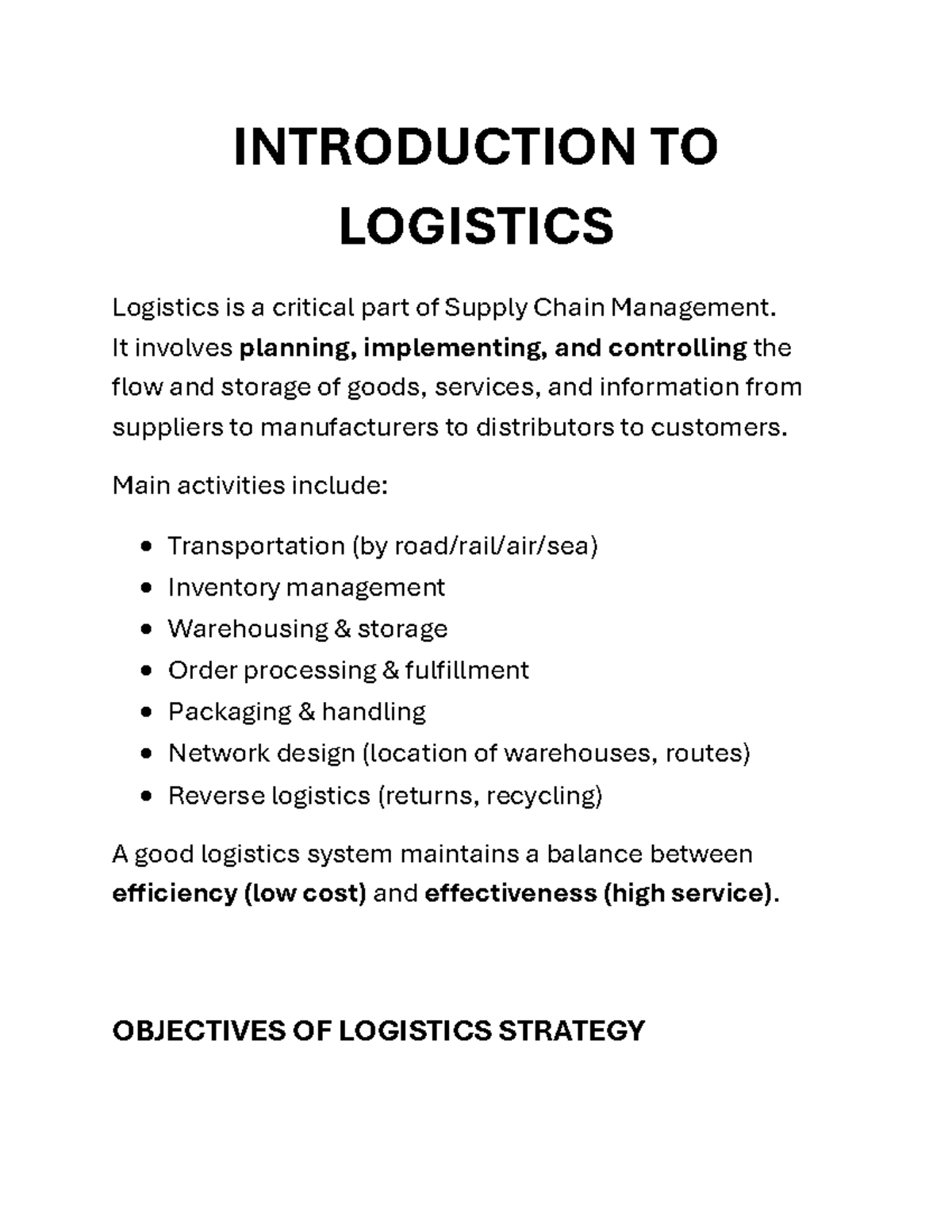 LOG 101: Introduction to Logistics and Supply Chain Management - Studocu