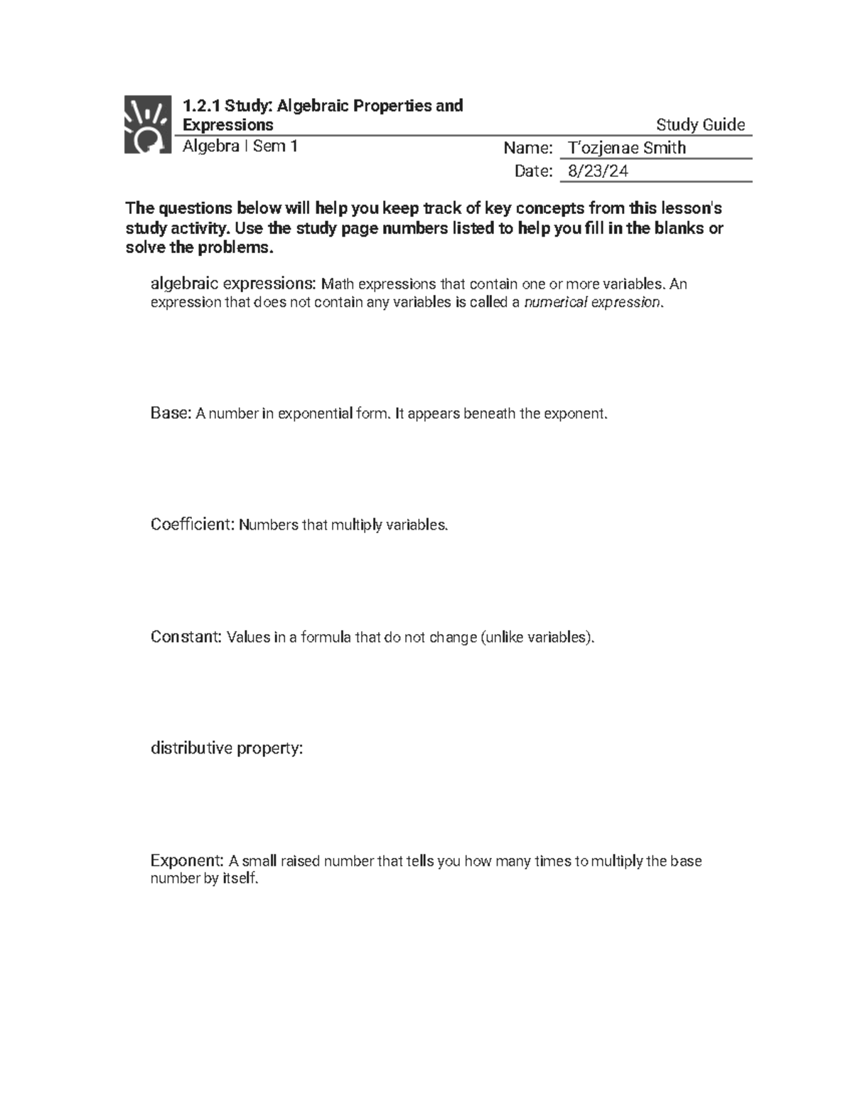Algebra I Sem 1 Study Guide: Algebraic Properties & Expressions - Studocu