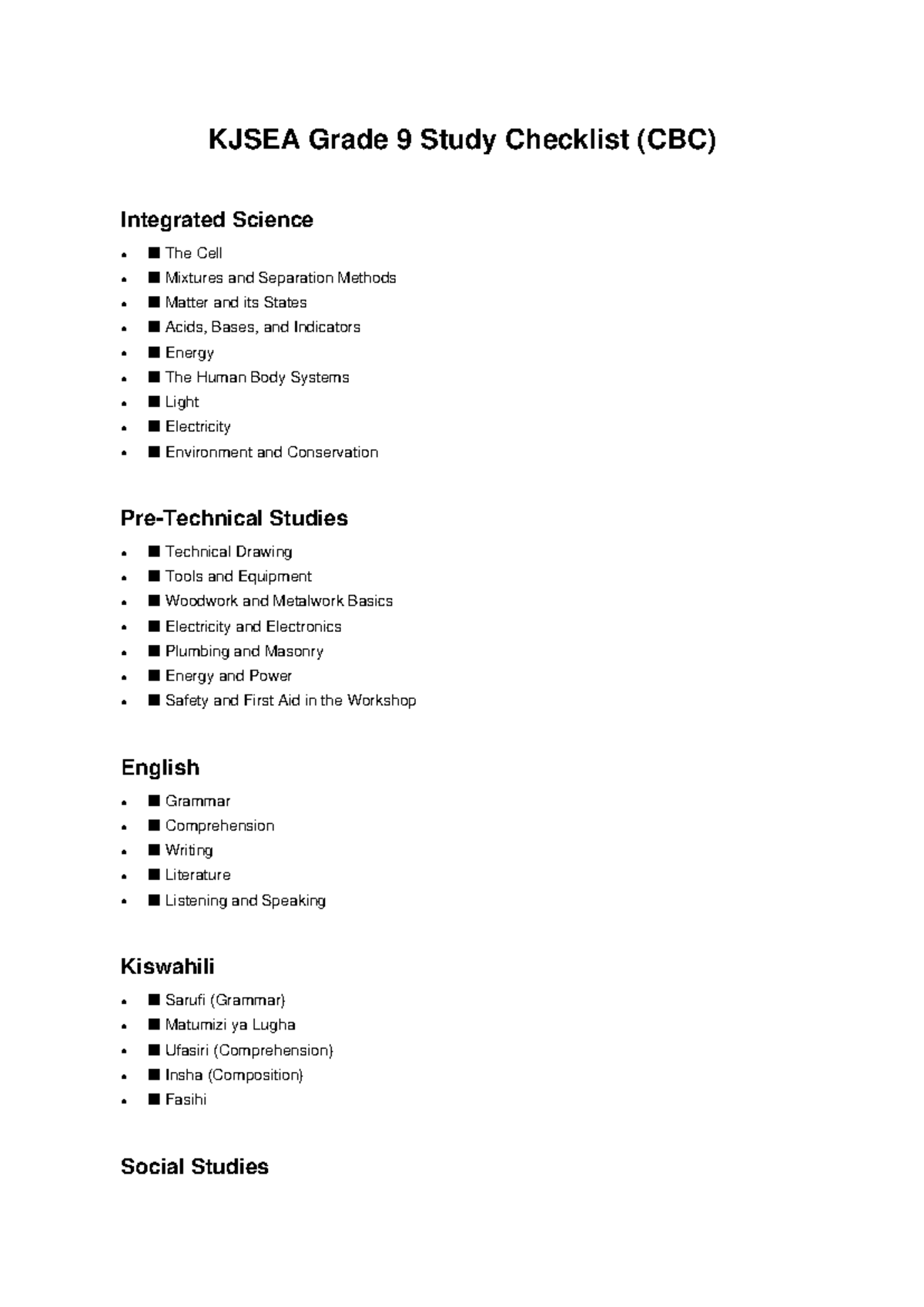 KJSEA Grade 9 Study Checklist: Integrated Science & More - Studocu