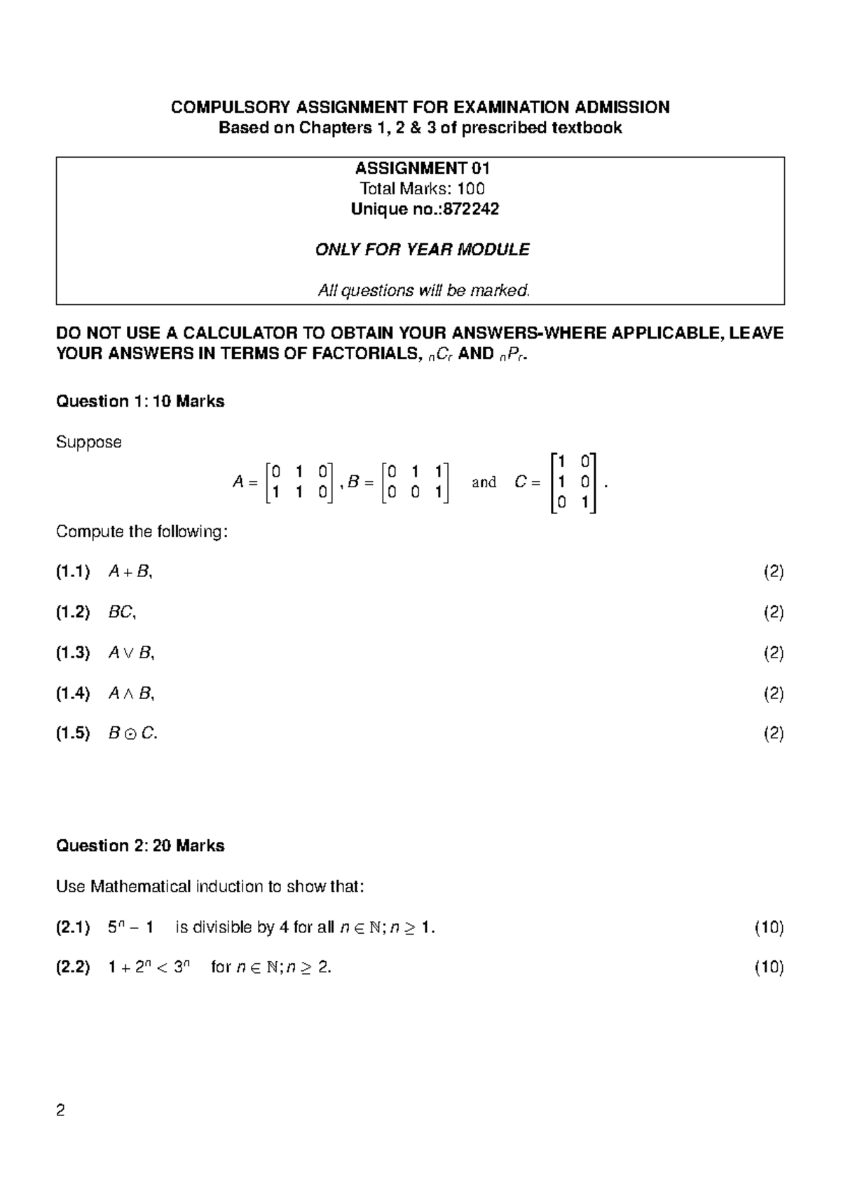 MAT2612 Compulsory Assignment for Exam Admission - Chapters 1-3 - Studocu