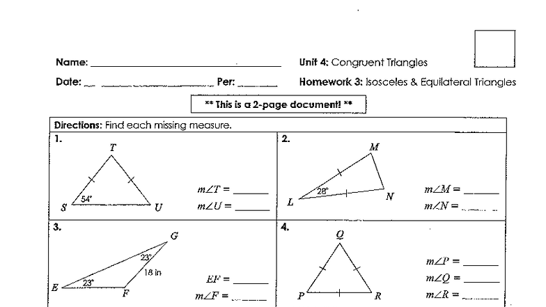 Geo4: Homework 3 - Isosceles & Equilateral Triangles Worksheet - Studocu