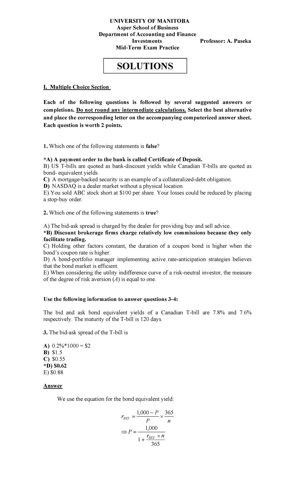 Sample Midterm Exam Practice - FIN 3010 - Studocu