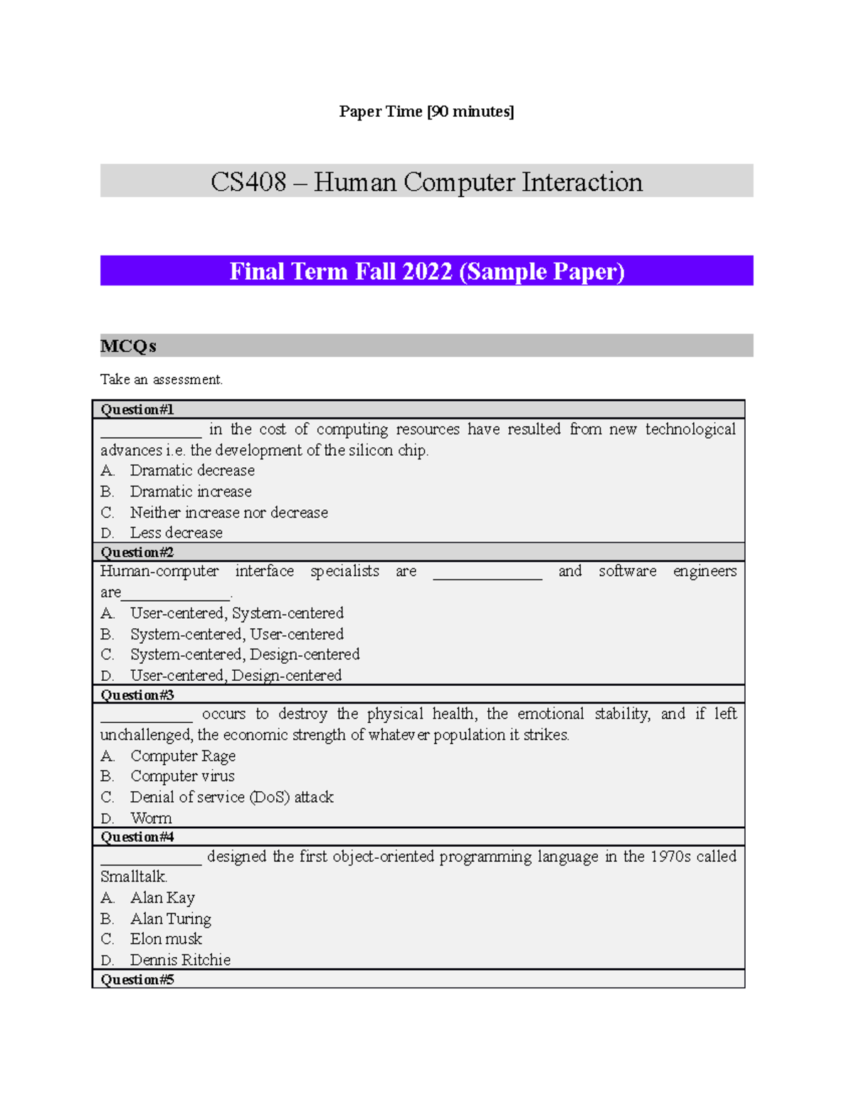 Final Paper Pattern - CS408 (Sample Paper) - Paper Time [90 minutes ...