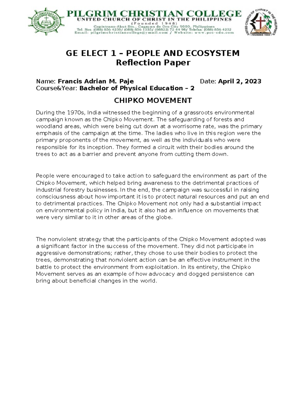 CHIPKO-MOVEMENT - GE ELECT 1 – PEOPLE AND ECOSYSTEM Reflection Paper ...