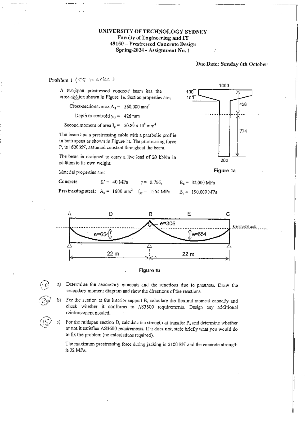 49150 Prestressed Concrete Design Assignment 1 Solutions and Analysis ...