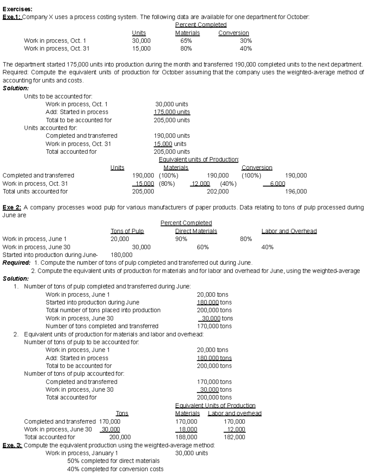 COST 5: Exercises on Process Costing and Equivalent Units - Studocu