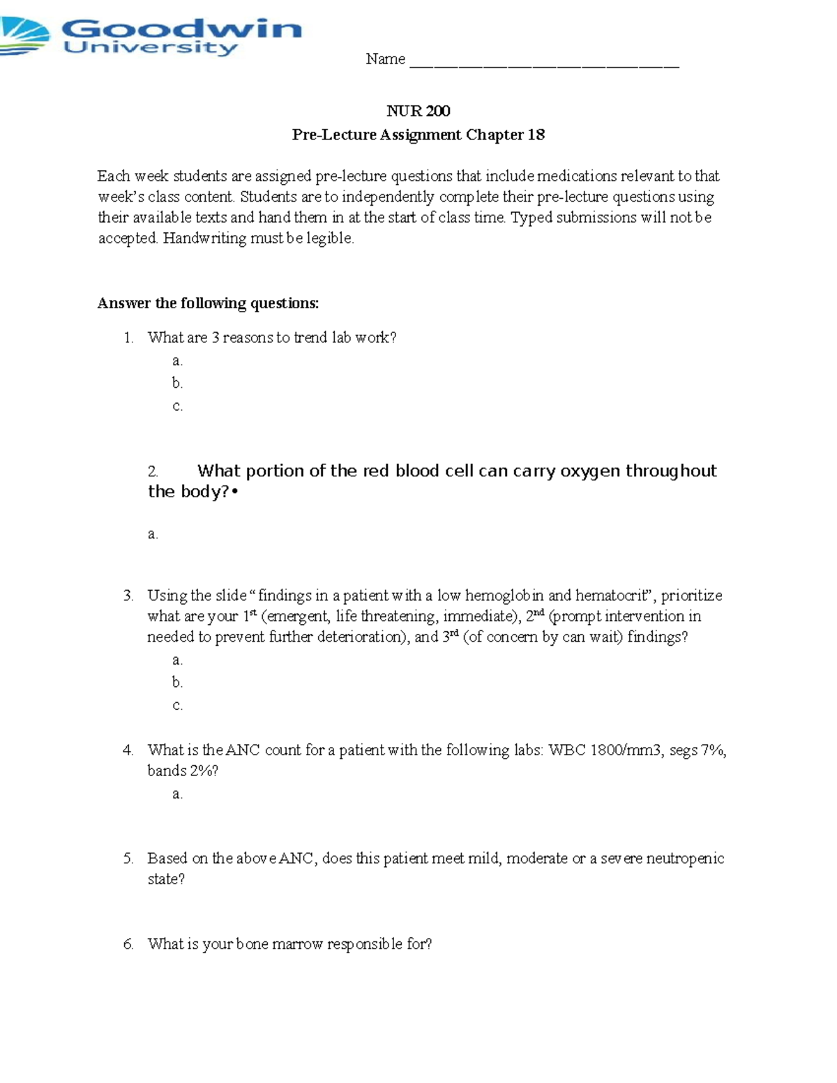 NUR 200 Pre-Lecture Assignment: Chapter 18 Questions - Studocu