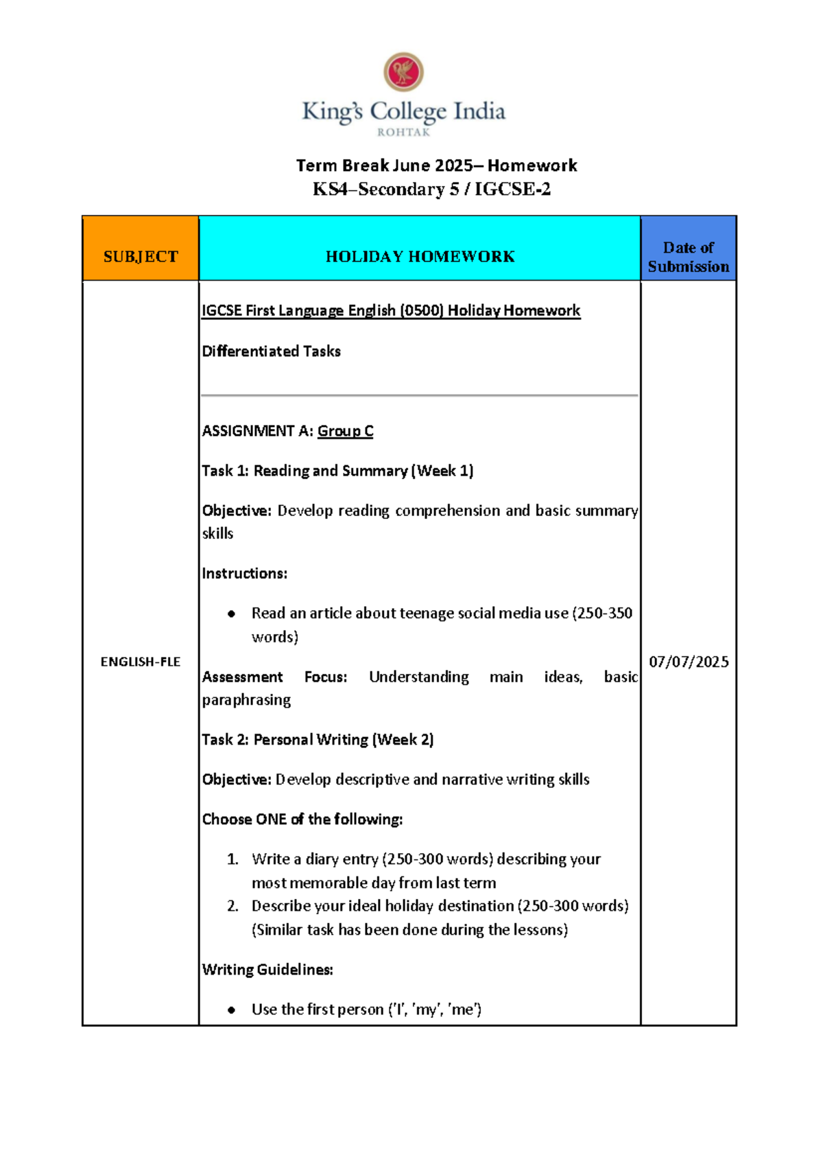 IGCSE First Language English (0500) June Term Break Homework - Studocu