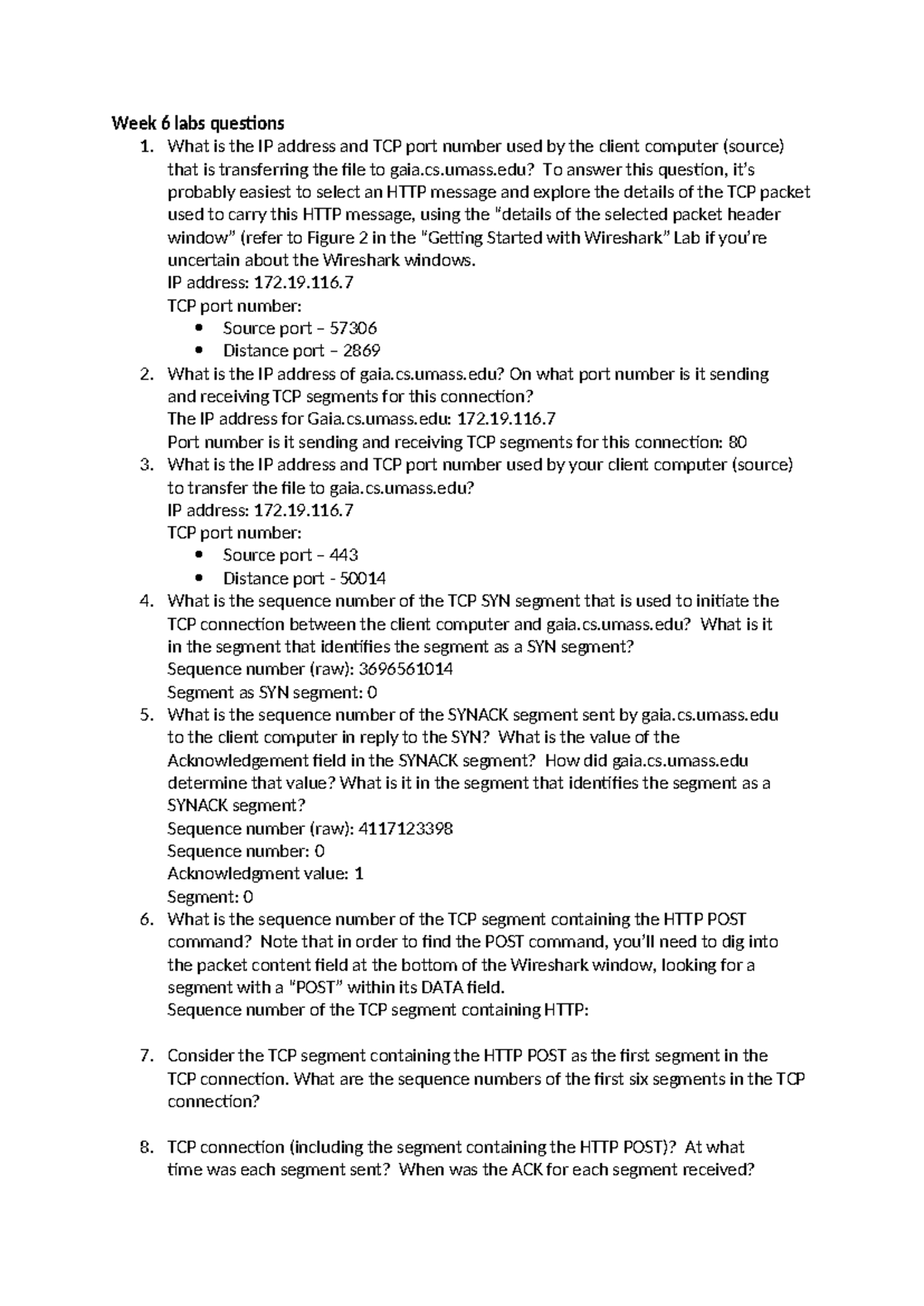 Week 6 Networking Lab Questions: Analyzing TCP/IP Connections - Studocu
