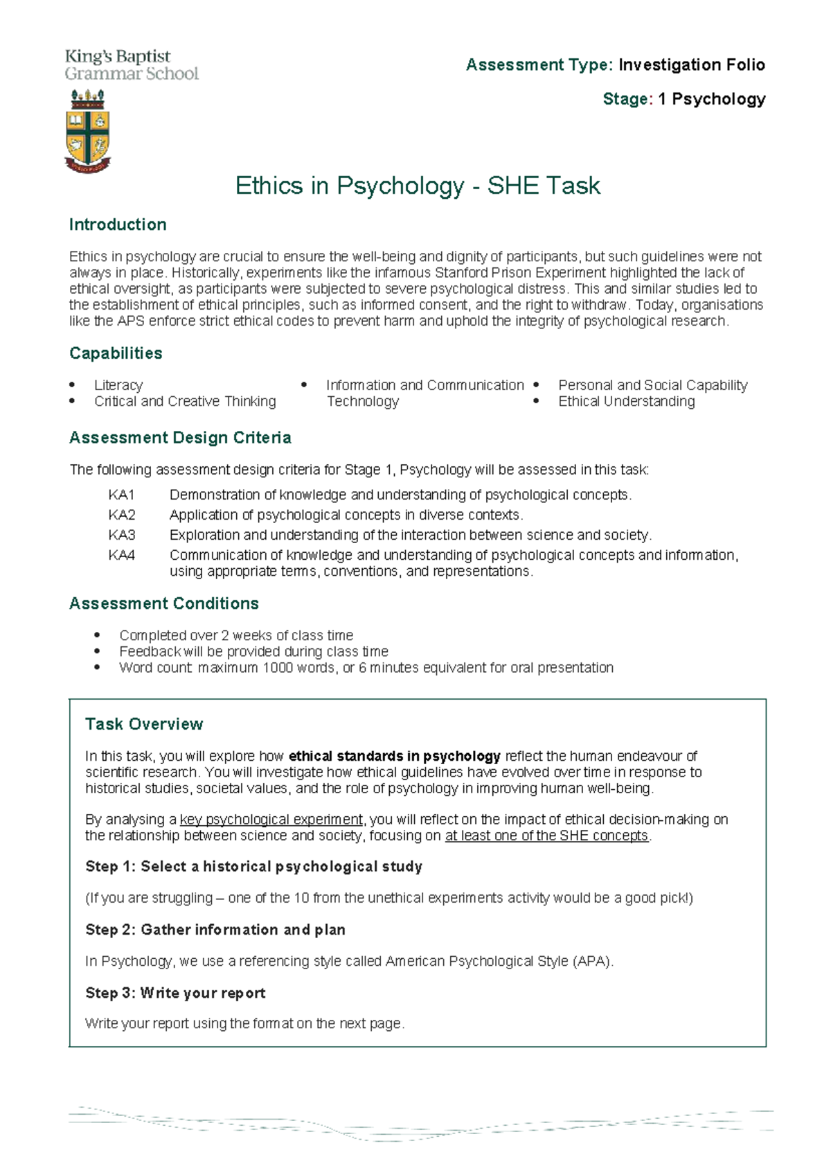 Ethics in Psychology: Investigation Folio Stage 1 - SHE Task - Studocu