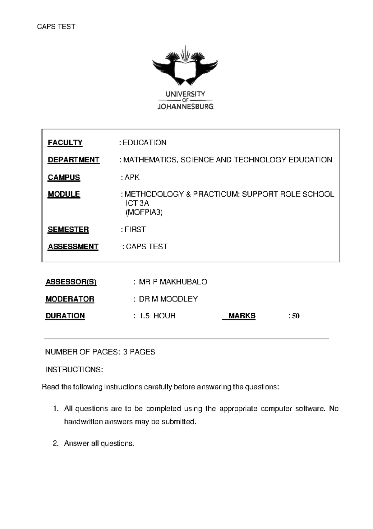 CAPS TEST 2025: Methodology Practicum - ICT 3A (MOFPIA3) - Studocu