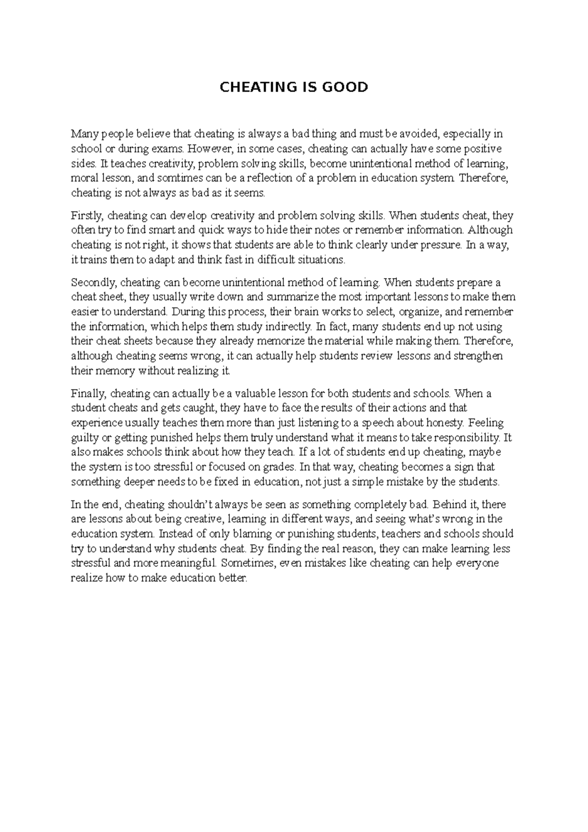 Cheating is Good: A Critical Analysis - Tugas Bahasa Inggris Wajib ...
