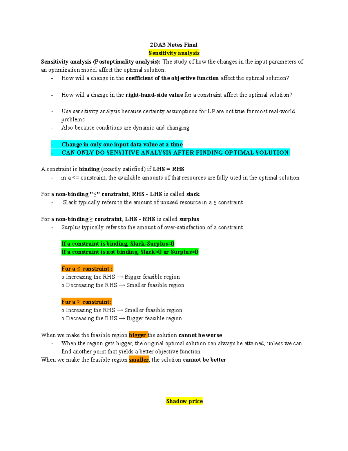 2DA3 Final Exam Notes on Sensitivity & Decision Analysis - Studocu