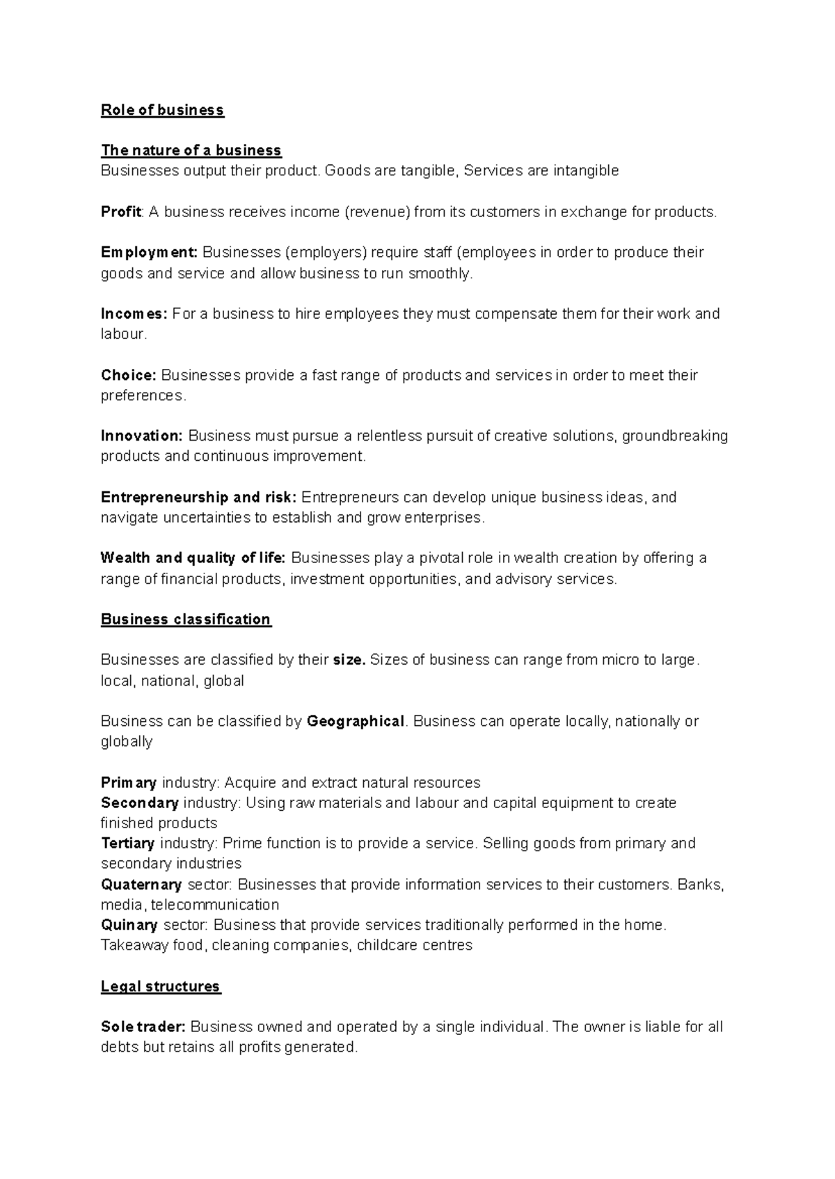 Business y11 term 1 final notes - Role of business The nature of a ...