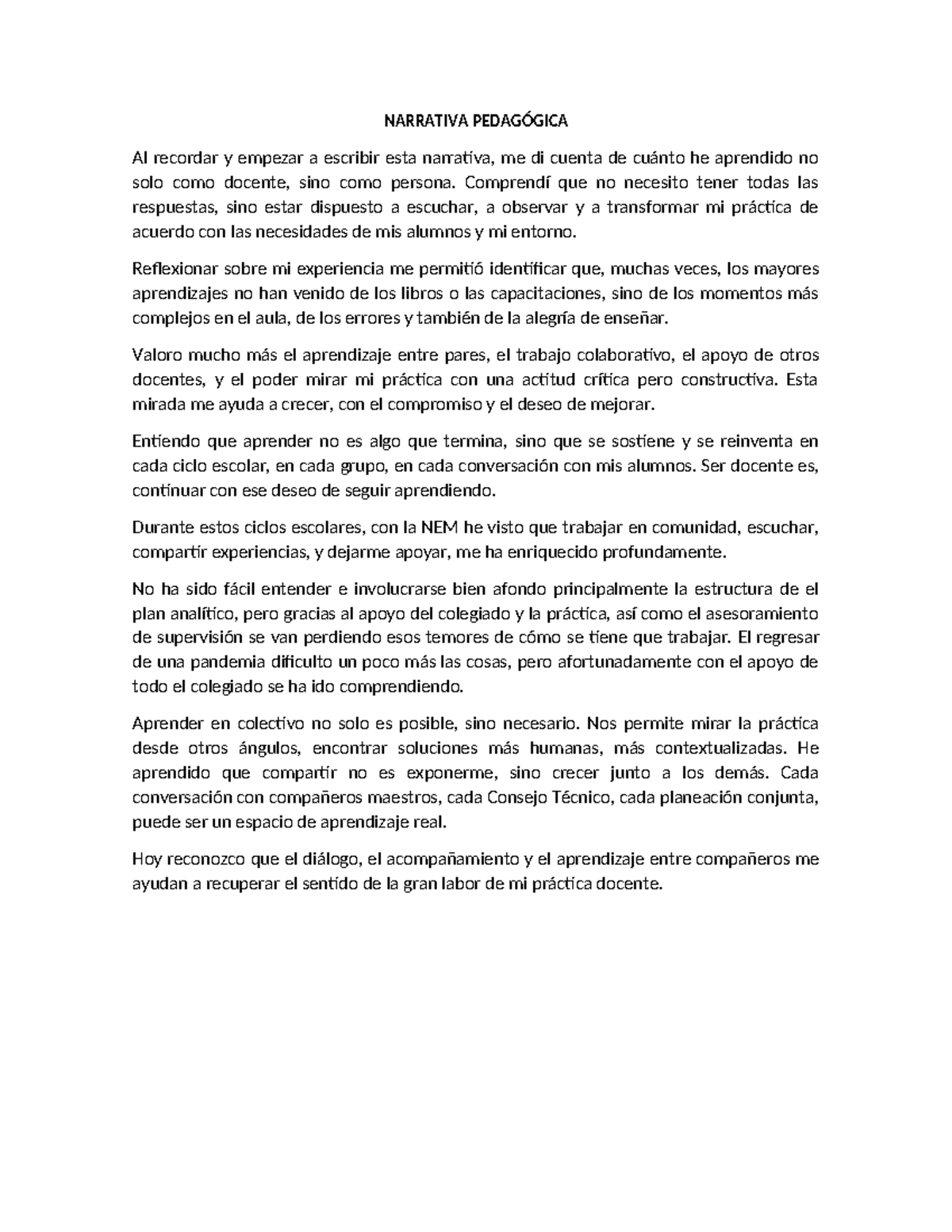 NEM 2023: Reflexiones sobre la Narrativa Pedagógica en Docencia - Studocu