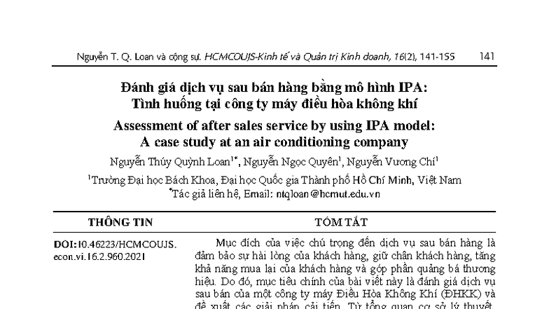 Đánh giá dịch vụ sau bán hàng bằng mô hình IPA: Nghiên cứu tại Công ty ...
