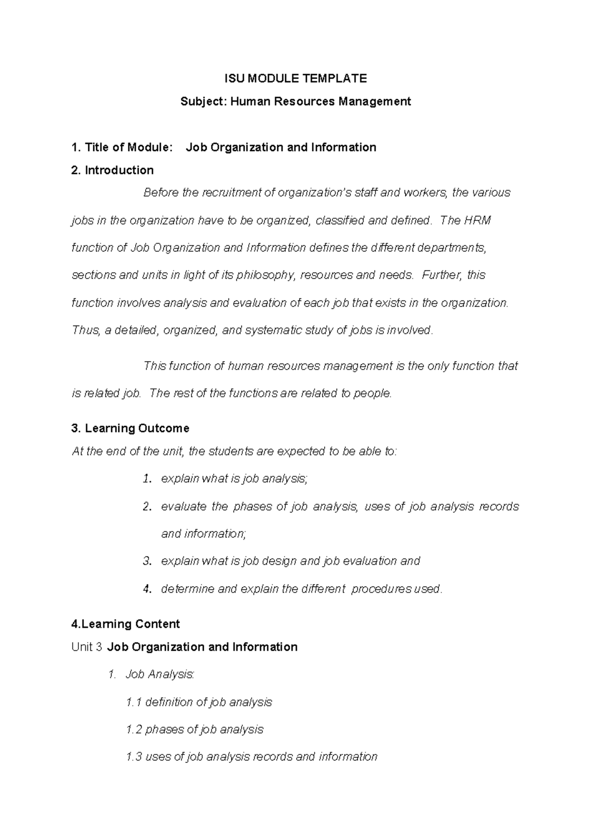 ISU HRM Module 3: Job Organization & Information Overview - Studocu
