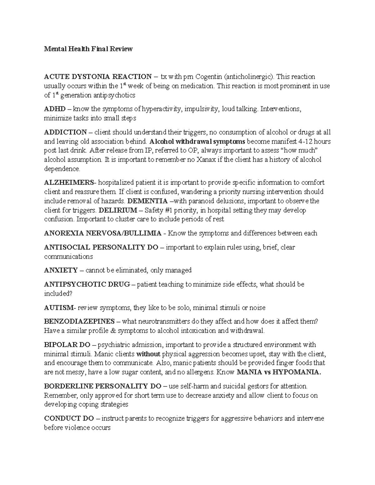 Final Exam Review - Mental Health Final Review ACUTE DYSTONIA REACTION ...